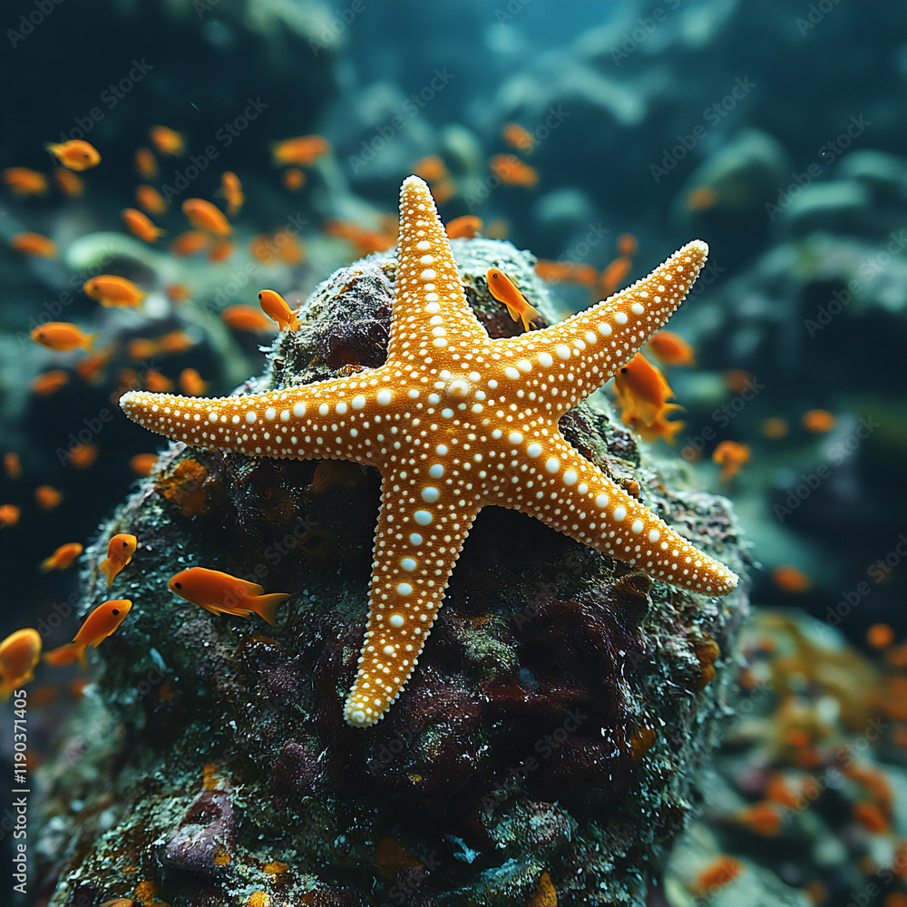 A starfish clinging to a rock surrounded by small fish A starfish clinging to a rock surrounded by small fish