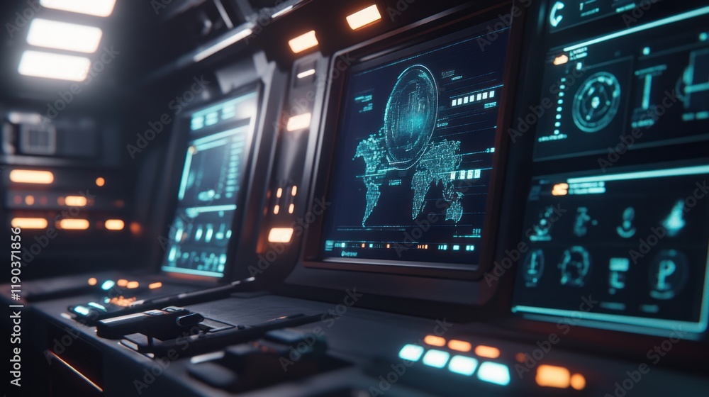 Obraz premium Futuristic control panel with glowing screens displaying world map and data.