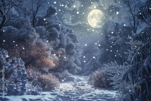 A snowy forest path illuminated by a full moon, with snow-covered trees and falling snow, Snow-covered trees in a moonlit forest photo