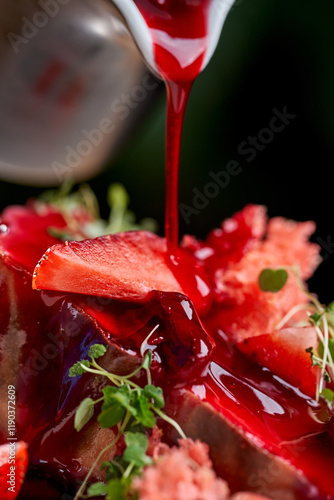 Fototapeta Naklejka Na Ścianę i Meble -  A vibrant and refreshing dessert featuring a slice of creamy cheesecake topped with fresh strawberries and a drizzle of sweet berry sauce.