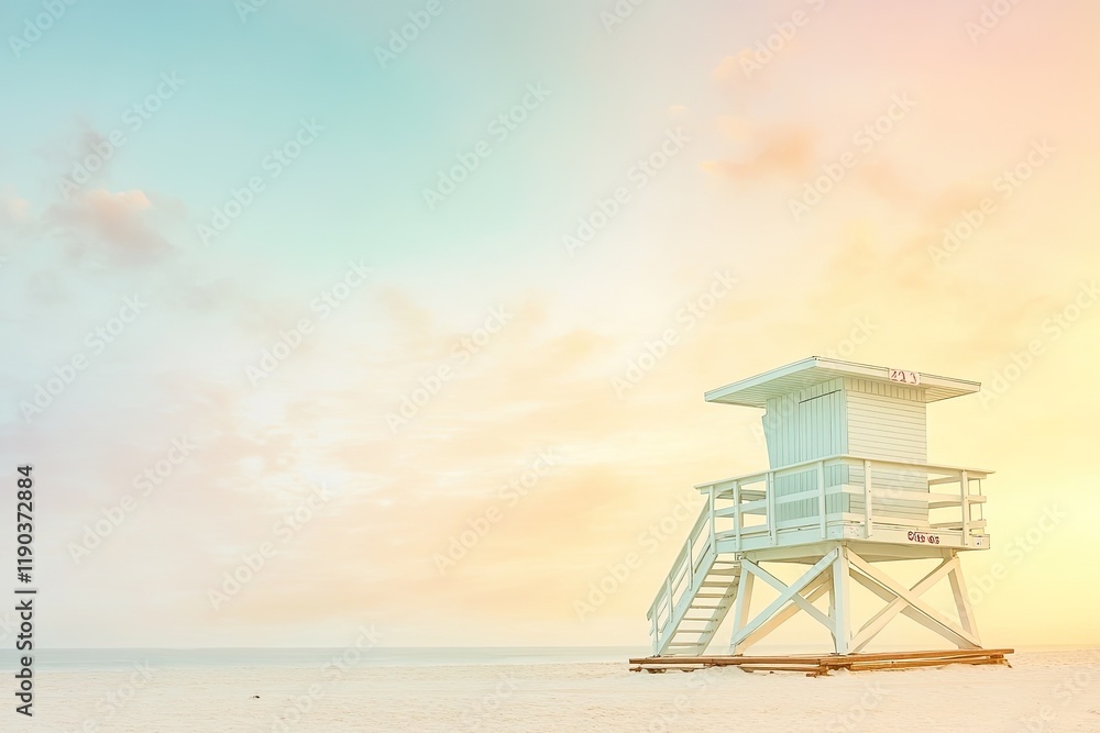 Fototapeta premium Lifeguard tower stands alone on tranquil beach at sunset, soft p