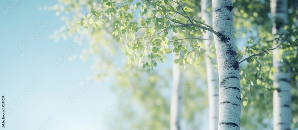 Fototapeta premium Serene birch trees with fresh green leaves under a bright blue sky.