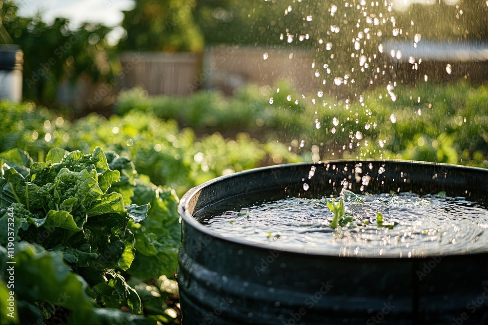 Fresh water droplets cascade into black barrel, nourishing vibra Fresh water droplets cascade into black barrel, nourishing vibra