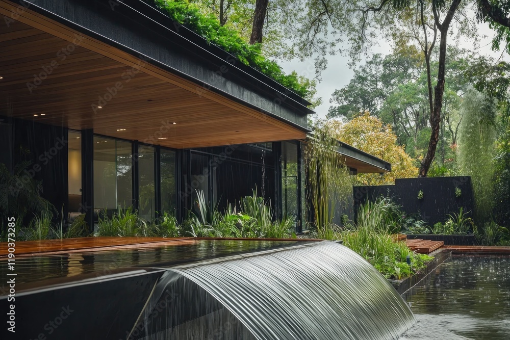 Fototapeta premium Modern architecture blends seamlessly with nature, featuring lus