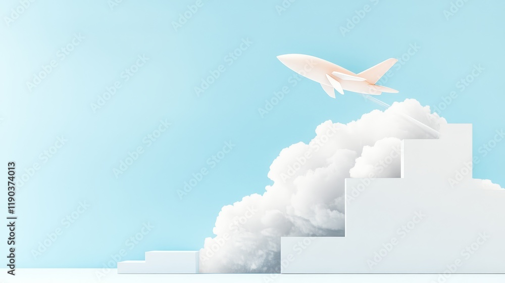 Fototapeta premium White jetliner ascends over modern white architectural building against clear blue sky