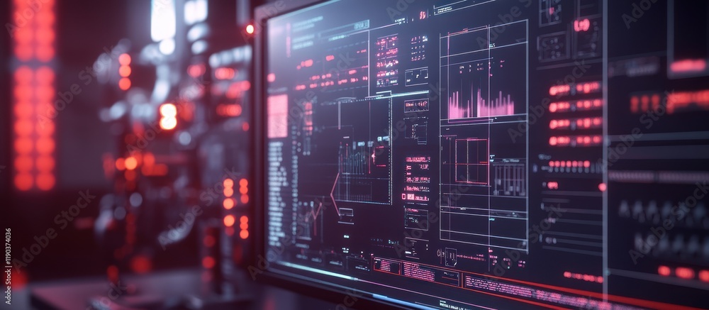 Futuristic computer screen displays complex data streams and graphs in red and black. Futuristic computer screen displays complex data streams and graphs in red and black.
