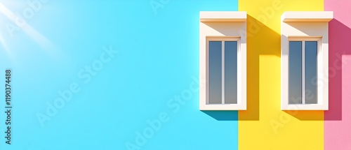 A blue and yellow wall with two windows on it