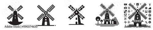 vector collection of windmill silhouette icons from the Netherlands