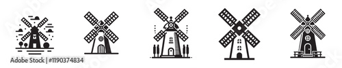 vector collection of windmill silhouette icons from the Netherlands