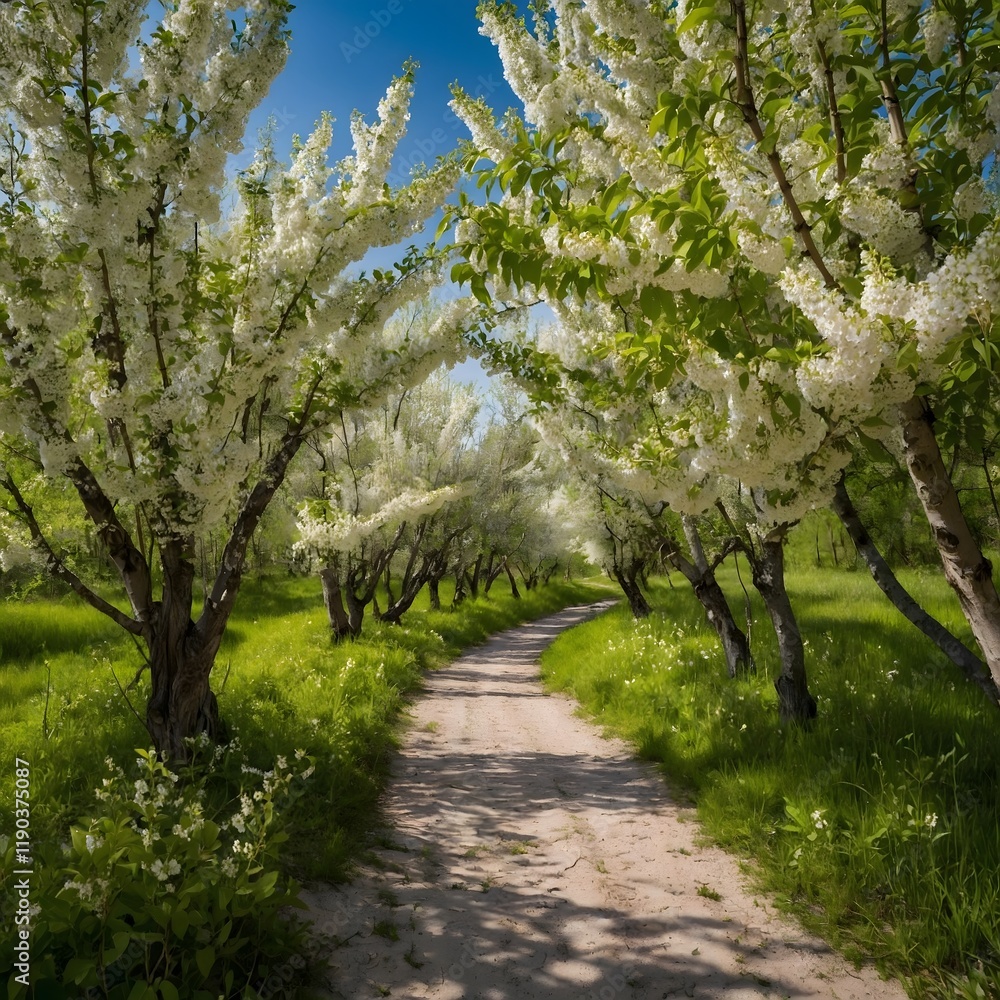 Fototapeta premium Bird Cherry Trees in Bloom Along a Sunlit Spring Path