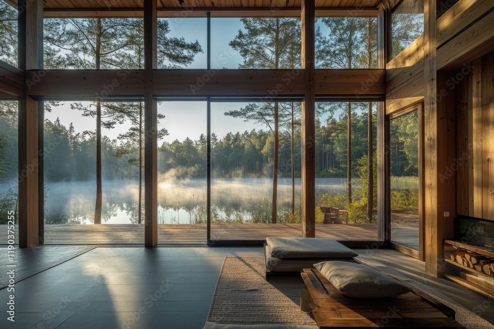 Fototapeta premium Spacious interior features large windows overlooking tranquil la