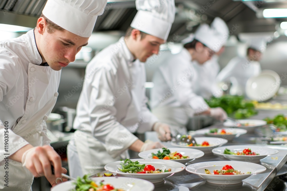 A group of chefs in a commercial kitchen demonstrate food safety practices during a training session, Implementing a comprehensive food safety training program for all kitchen staff A group of chefs in a commercial kitchen demonstrate food safety practices during a training session, Implementing a comprehensive food safety training program for all kitchen staff