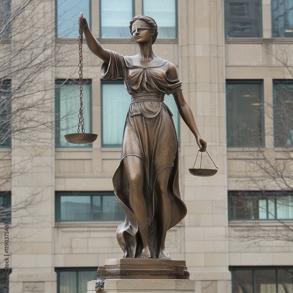 Bronze statue of Lady Justice holding scales of justice in front of a modern building. Bronze statue of Lady Justice holding scales of justice in front of a modern building.