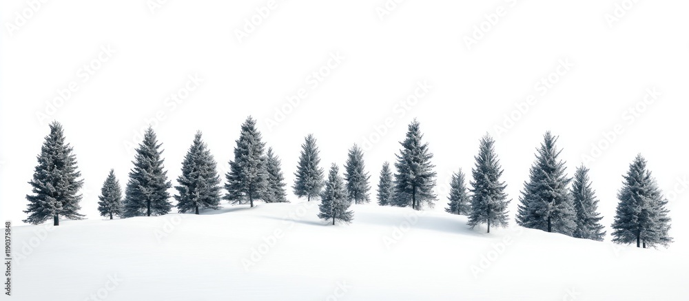 Obraz premium Snowy landscape with fir trees on a hill against a white background.