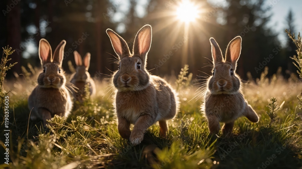 A group of rabbits running through a sunlit meadow. A group of rabbits running through a sunlit meadow.