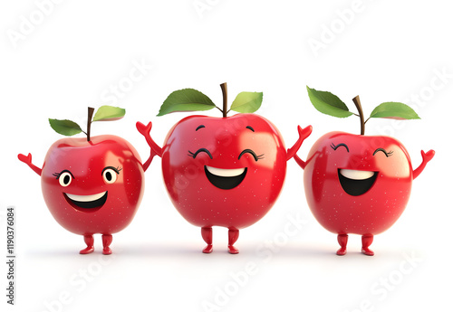 3D Apple Character Set. Smiling apples character in a with a raised hand pose, on a white background and in a red color. 3d cartoon character with arms and legs
