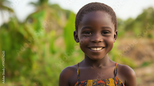 African child with bright smile in natural setting. Ideal for education initiatives, humanitarian causes, or cultural projects
