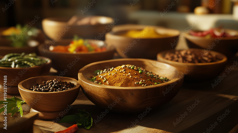 Colorful spices in wooden bowls on a rustic kitchen table, traditional cooking method creating an aromatic and cultural atmosphere that celebrates food diversity and heritage Colorful spices in wooden bowls on a rustic kitchen table, traditional cooking method creating an aromatic and cultural atmosphere that celebrates food diversity and heritage