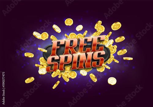 Free spins. Casino banner or poster with golden coins on a bright background. Vector illustration.