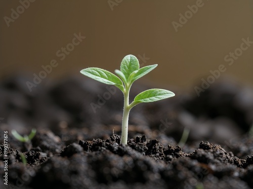 A delicate seedling plant, no more than a few centimeters tall, emerges from the dark, moist soil, its tender stem and tiny leaves a vibrant green, with gentle, fine details and intricate textures, se photo