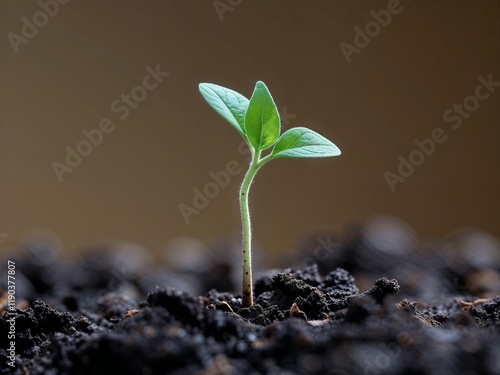 A delicate seedling plant, no more than a few centimeters tall, emerges from the dark, moist soil, its tender stem and tiny leaves a vibrant green, with gentle, fine details and intricate textures, se photo