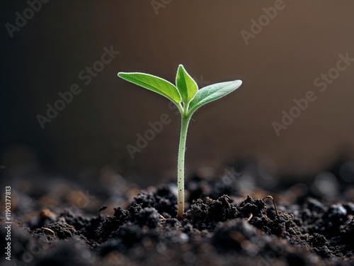 A delicate seedling plant, no more than a few centimeters tall, emerges from the dark, moist soil, its tender stem and tiny leaves a vibrant green, with gentle, fine details and intricate textures, se photo