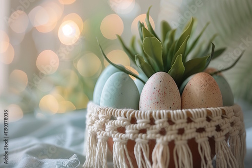 Easter eggs with greenery in macrame pot against bokeh lights, concept of festive eco-friendly Easter decor photo