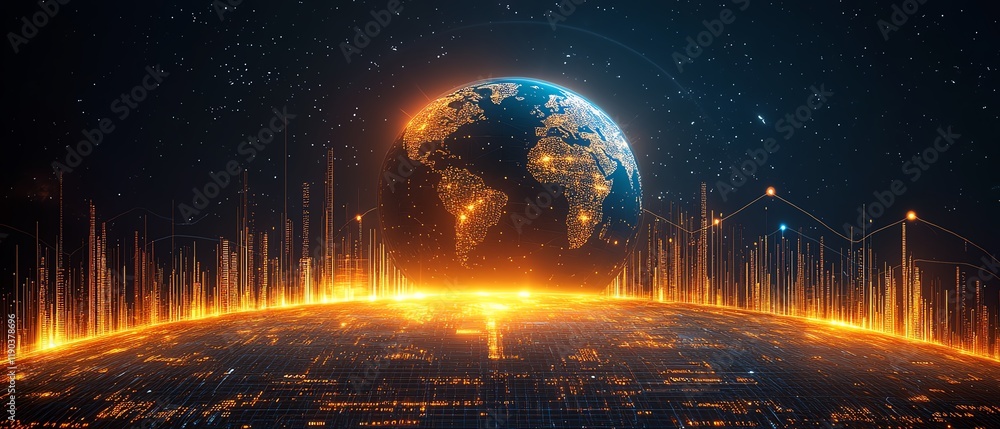 A glowing Earth globe with data transfer paths linking global finance and business trading hubs, illuminated telecommunication lines, futuristic digital design A glowing Earth globe with data transfer paths linking global finance and business trading hubs, illuminated telecommunication lines, futuristic digital design