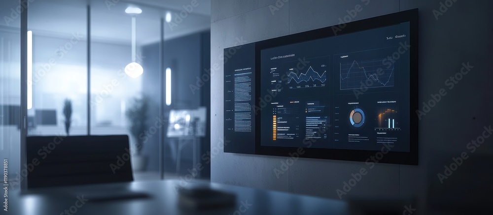 Modern office at night with a large screen displaying financial data and graphs. Modern office at night with a large screen displaying financial data and graphs.
