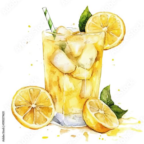 A watercolor vector of a cup of hot lemonade with lemon slices and mint leaves, isolated on a white background. Hot lemonade vector.
