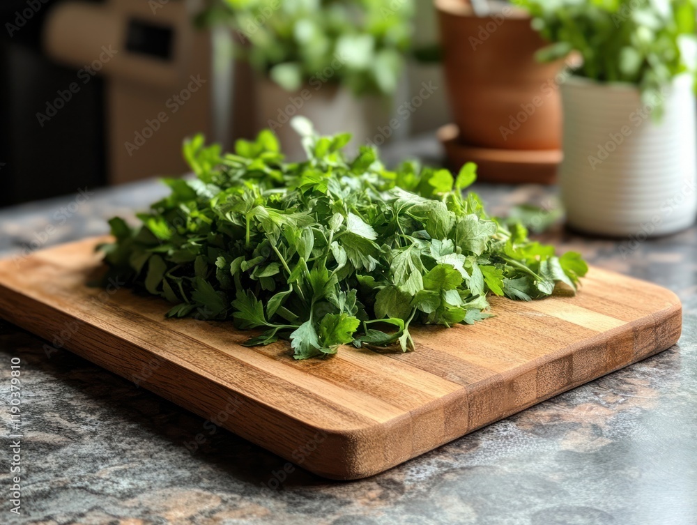 Fresh Green Parsley on Wooden Cutting Board Fresh Green Parsley on Wooden Cutting Board