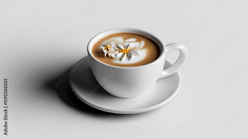 Aromatic Coffee Cup with Delicate Latte Art and Flowers Aromatic Coffee Cup with Delicate Latte Art and Flowers