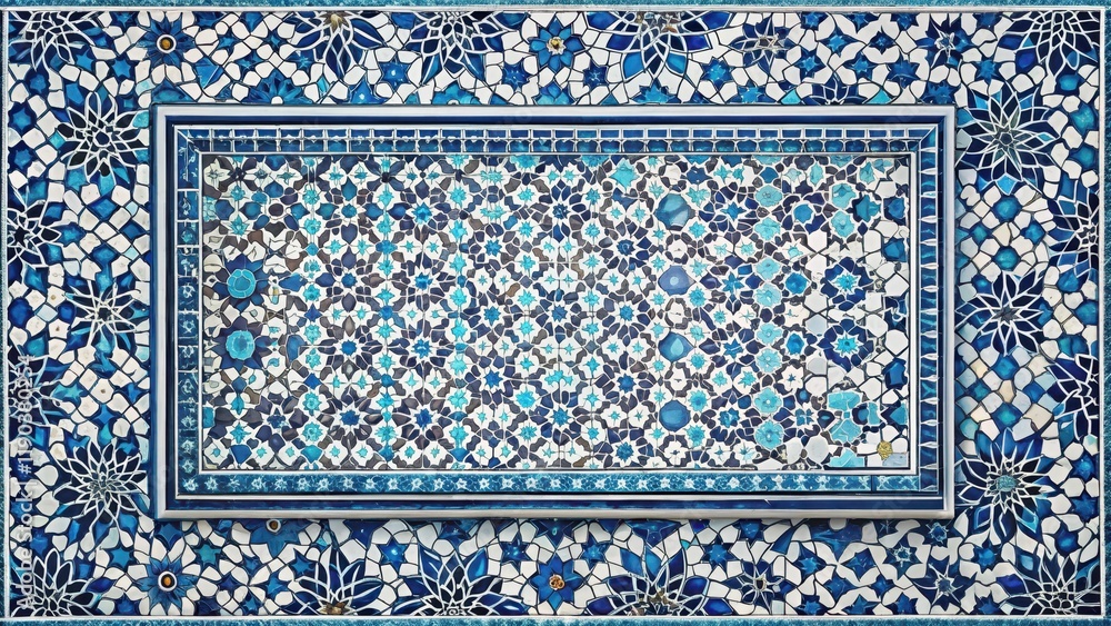 Intricate Blue and White Mosaic Tilework with Floral Patterns and Geometric Designs Intricate Blue and White Mosaic Tilework with Floral Patterns and Geometric Designs