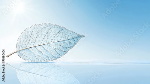 Serene tranquility single leaf illuminated by golden sunlight on calm water sunlit