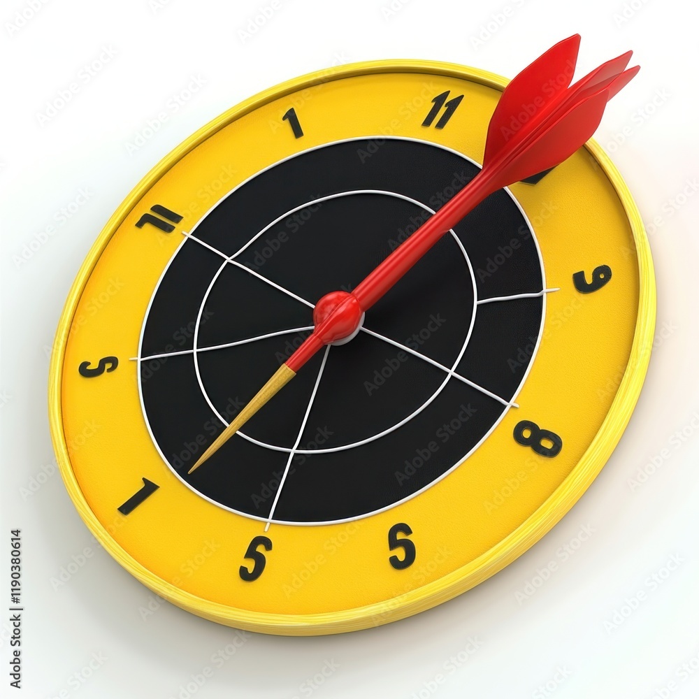 Red dart hitting the bullseye of a yellow and black dartboard. Red dart hitting the bullseye of a yellow and black dartboard.
