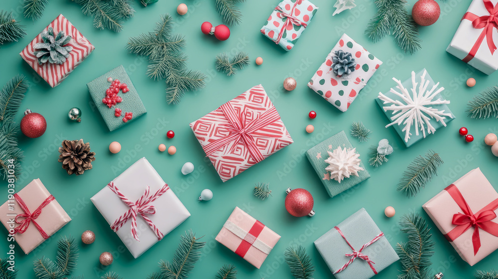 Festive Holiday Gifts and Ornaments on Teal Background: A Christmas Flat Lay Festive Holiday Gifts and Ornaments on Teal Background: A Christmas Flat Lay