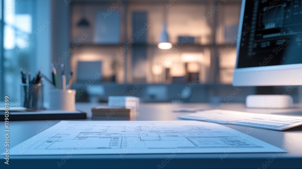 Blueprint on desk in modern office at night. Blueprint on desk in modern office at night.