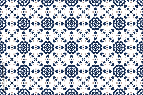 Navy Blue Floral and Heart Mandala Seamless Pattern.