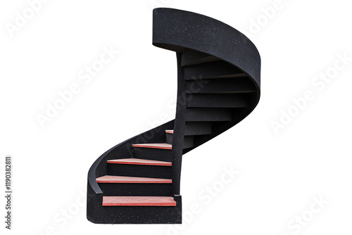A modern spiral staircase with black steps and vibrant orange treads, elegantly winding upwards.