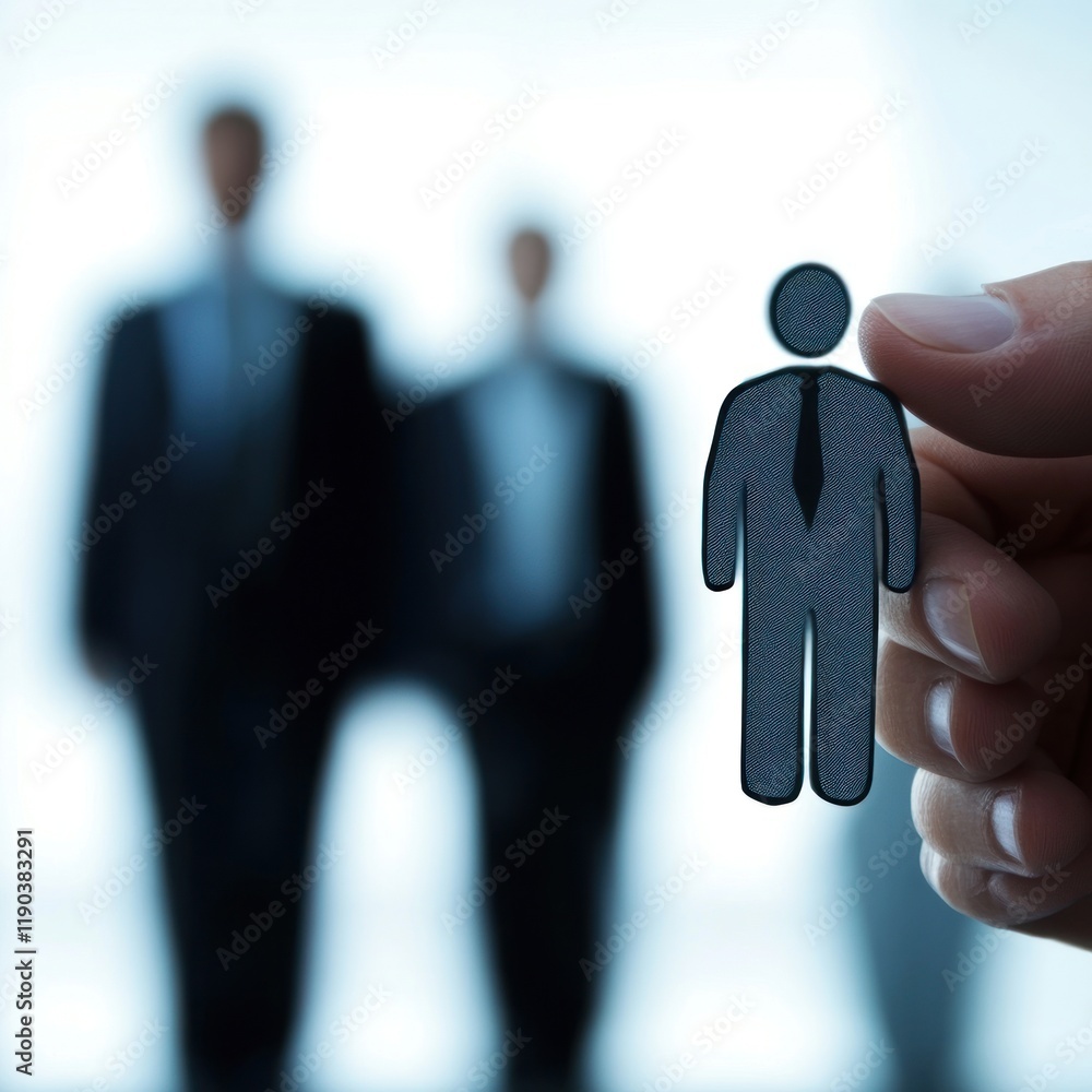 Hand holding paper cutout of businessman in front of blurred businesspeople. Hand holding paper cutout of businessman in front of blurred businesspeople.