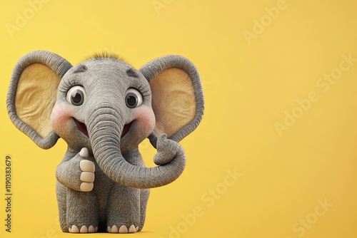 Cute funny elephant, smiling, showing an approving thumb up. plain color background photo