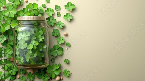 Jar of green clover leaves and acorns on a beige background. Saint Patrick's Day, St Paddy's Day, St Patty's Day - Irish National Holiday and Cultural Celebration photo