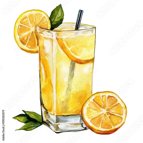 A watercolor clipart of a cup of hot lemonade with lemon slices and mint leaves, isolated on a white background. Hot lemonade vector.
