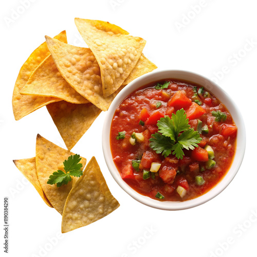 Platter of tortilla chips and salsa cut isolated on transparent background