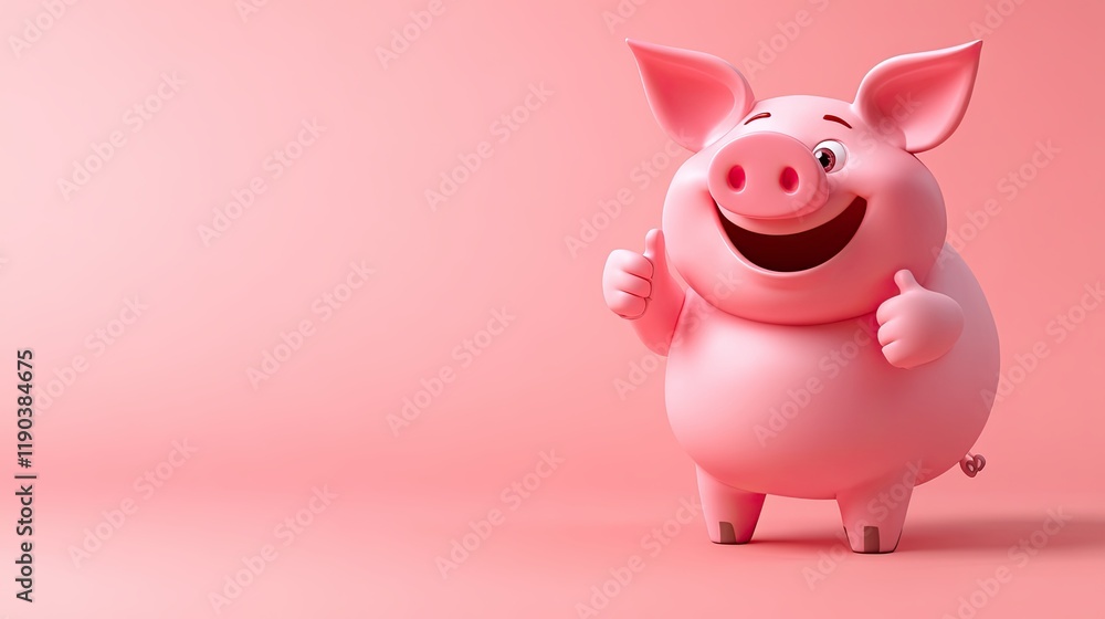 Cute funny pig, smiling, showing an approving thumb up. plain color background Cute funny pig, smiling, showing an approving thumb up. plain color background