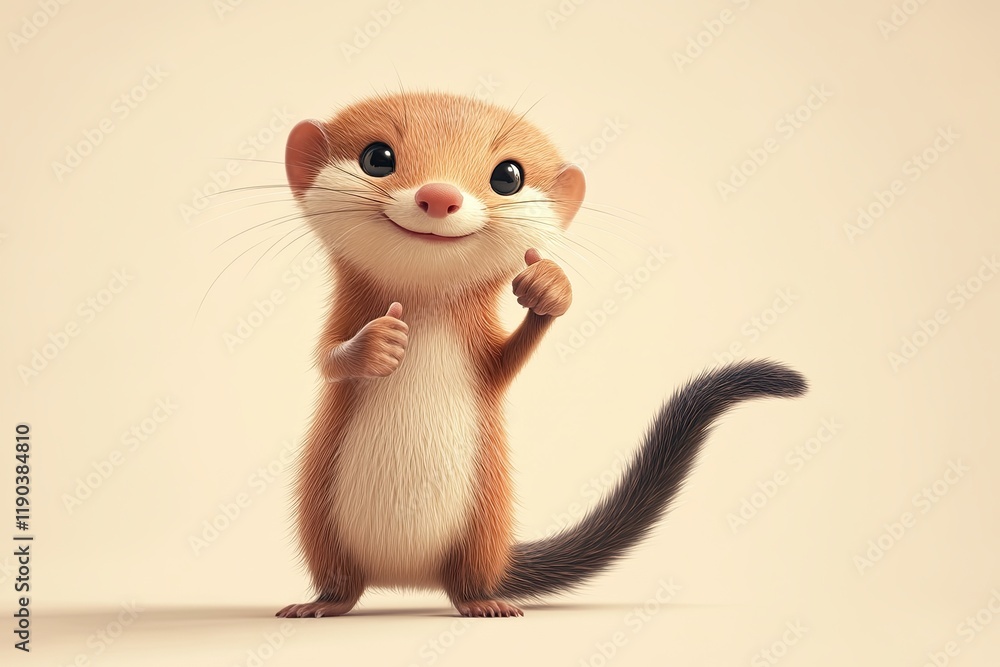 Cute funny weasel, smiling, showing an approving thumb up. plain color background. Cute funny weasel, smiling, showing an approving thumb up. plain color background.