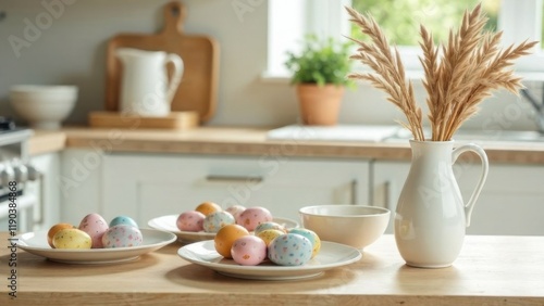 Wallpaper Mural Easter holiday decoration in pastel colors, in a bright kitchen, on the table arranged on figurative plates in bed colors Torontodigital.ca