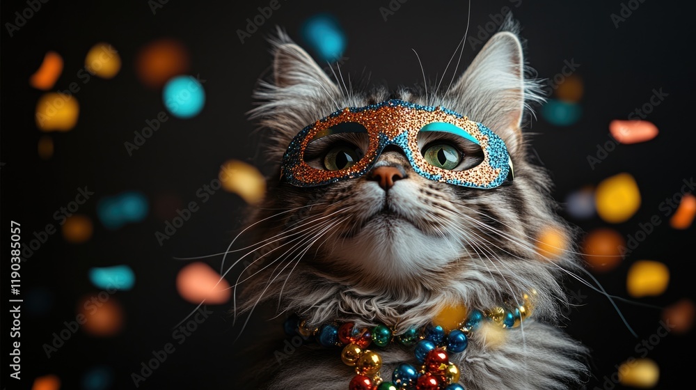Fototapeta Fluffy cat wearing glitter mask and bead necklace in confetti shower. Mardi Gras, Fat Tuesday, Carnival Season. Bright Parades, Masks, Festive Costumes, Vibrant Atmosphere