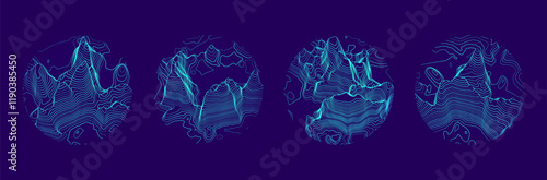 Set of topographic map circle patterns. Abstract background featuring mountain contour lines with varied textures and shapes. Vector illustration of elevation layers and landscape form.