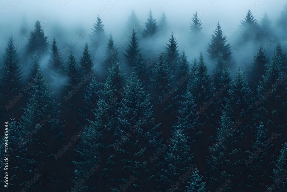Fototapeta premium Misty Pine Forest in Tranquil Winter Scenery for Nature and Landscape Design